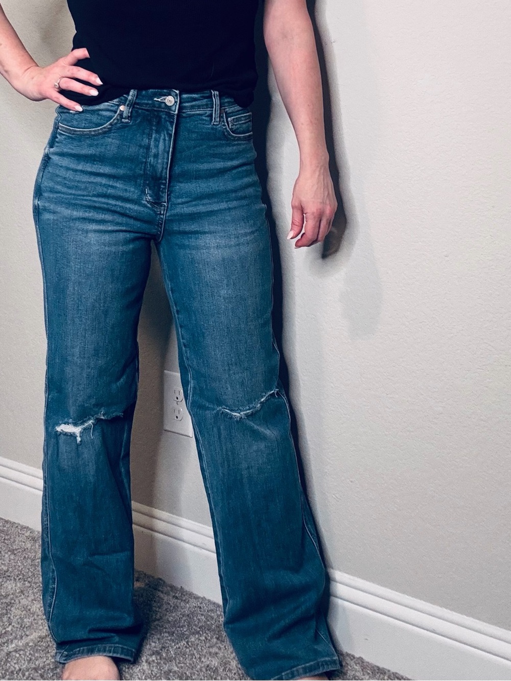 NWOT Judy Blue High-Rise Distressed Straight Leg Jeans Sz 11/30 Dark Blue